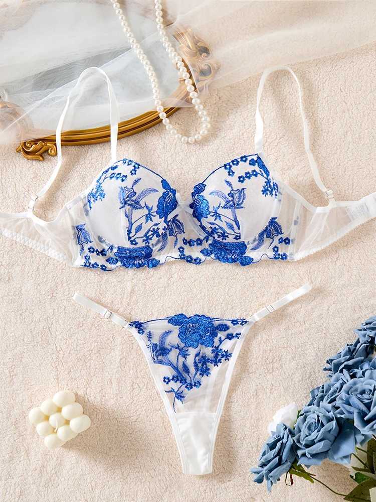 Womens Lingerie Ultra Sexy 2 Pieces Bra and Panties Sets Delicate Tulle Embroidery Fancy Underwear Intimate Transparent LingerieXJ250301