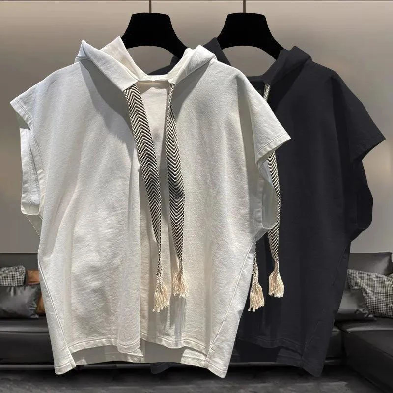 Summer Solid Men Drawstring Hooded Tank Top Fashion All-match Punk Casual 2xl Oversized Clothing Vest Tee Black White Street Gym 250225