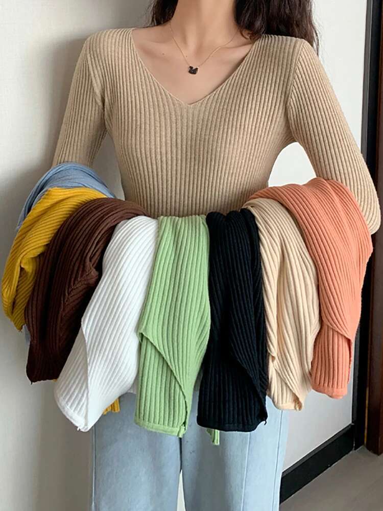 2024 Basic B-neck Solid Autumn Winter Pullover Women Female Knitted Ribbed Slim Long Sleeve Badycon High Quality Sweater