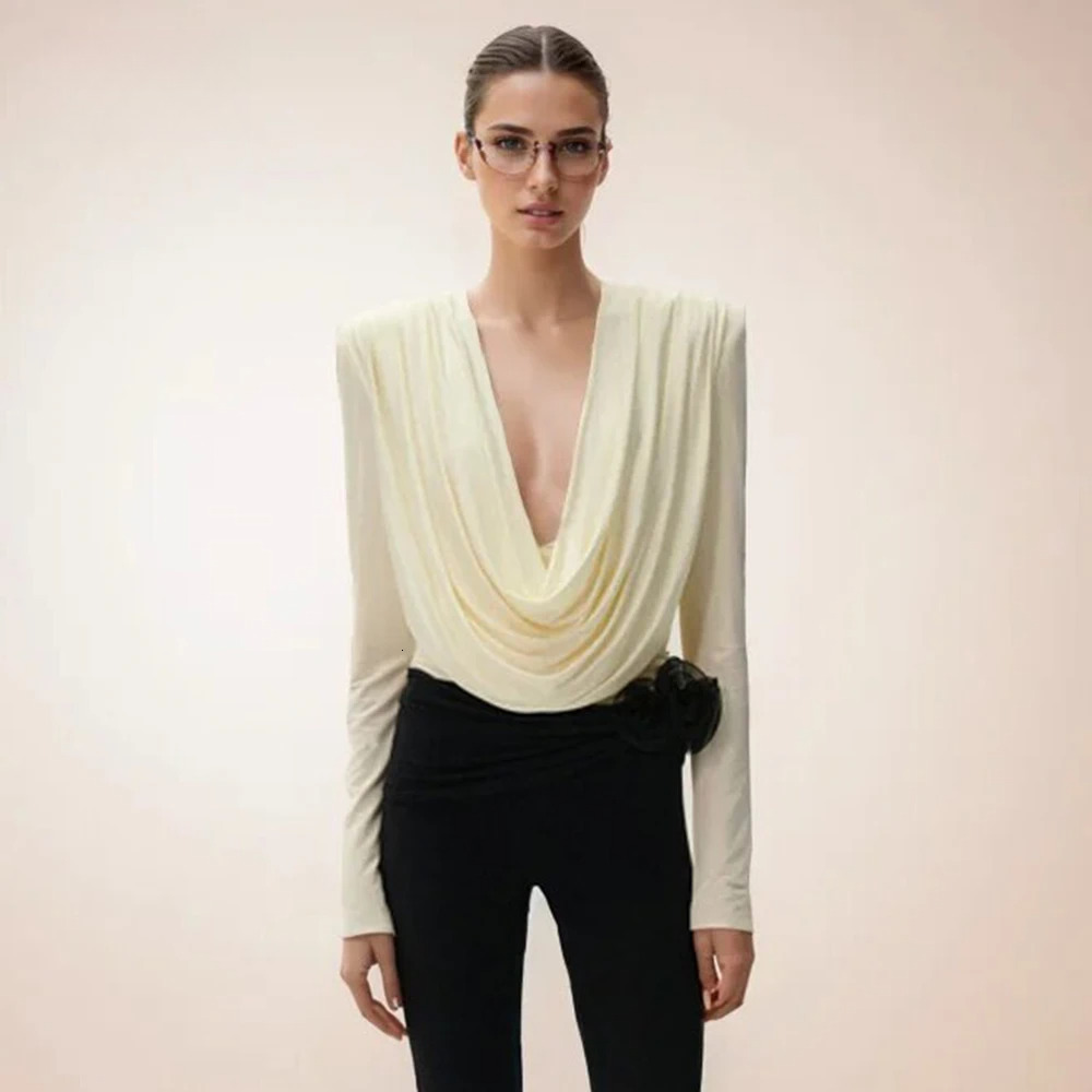 Solid Patchwork Folds Casual Blouses For Women Swinging Collar Long Sleeve Minimalist Slimming Pullover Blouse Female New