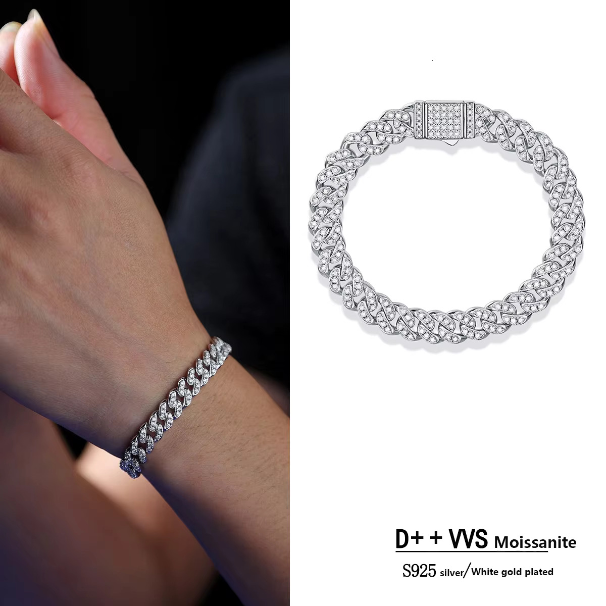 sterg Sier Jewelry 8mm Hiphop Cuban Men Hip Hop Mens Moissanite Bracelet