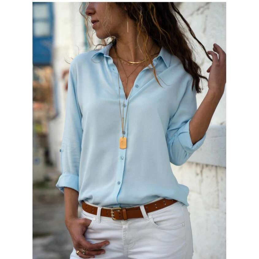 Autumn Women's Polo Collar Office Lady blouse Vintage Shirt Loose Button Up Down Shirts Fashion Tops