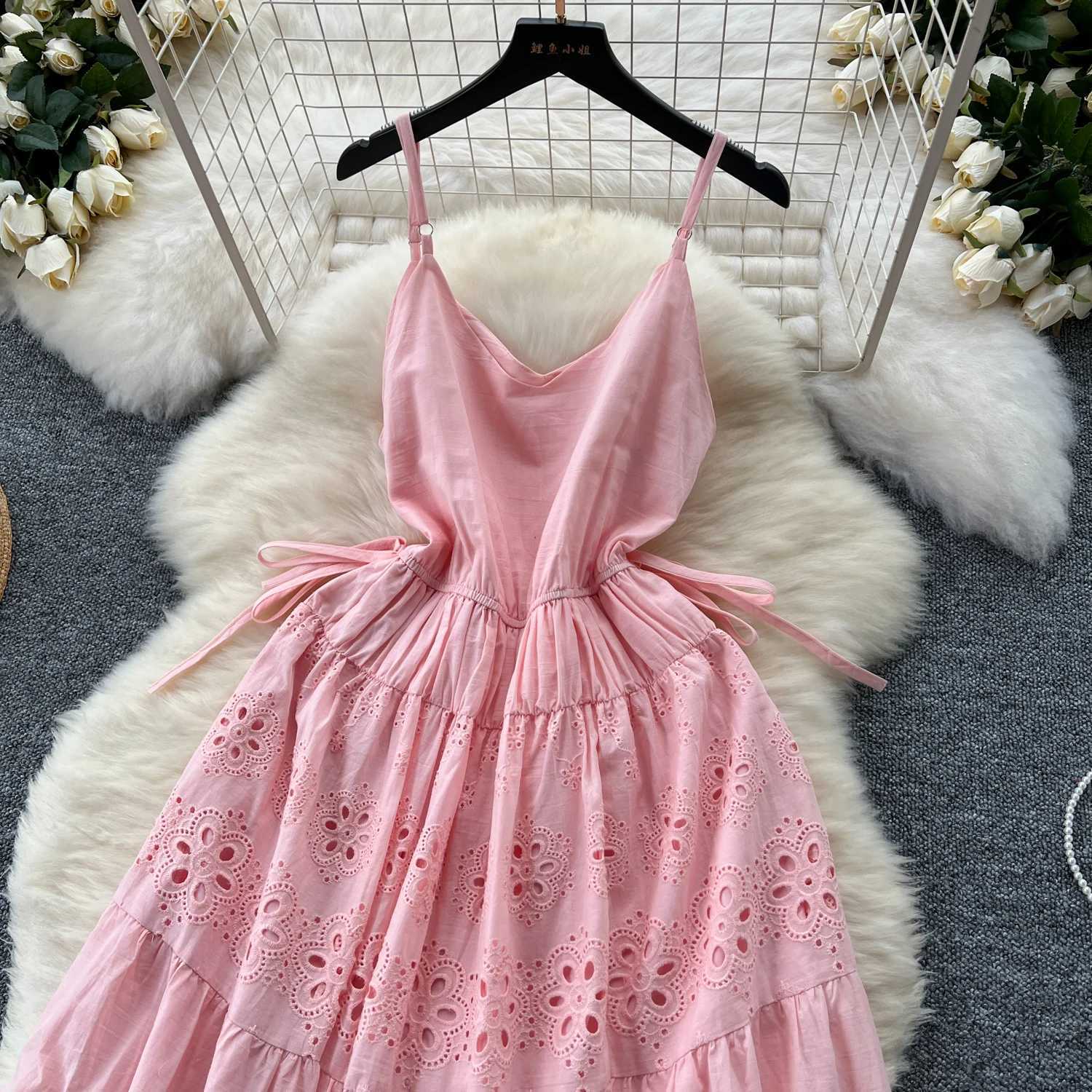 Basic Casual Dresses Korean Sexy Backless bandage cut out Embroidery Slip Dress A-line Chic Casual Beach Vacation Women Summer Vintage Dresses J250301