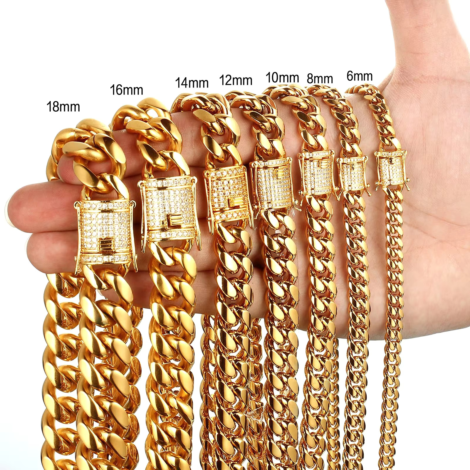 Fashion Jewelry Cuban Chain Gold Plated 6-18Mm Stainless Steel Cuban Chain Necklace