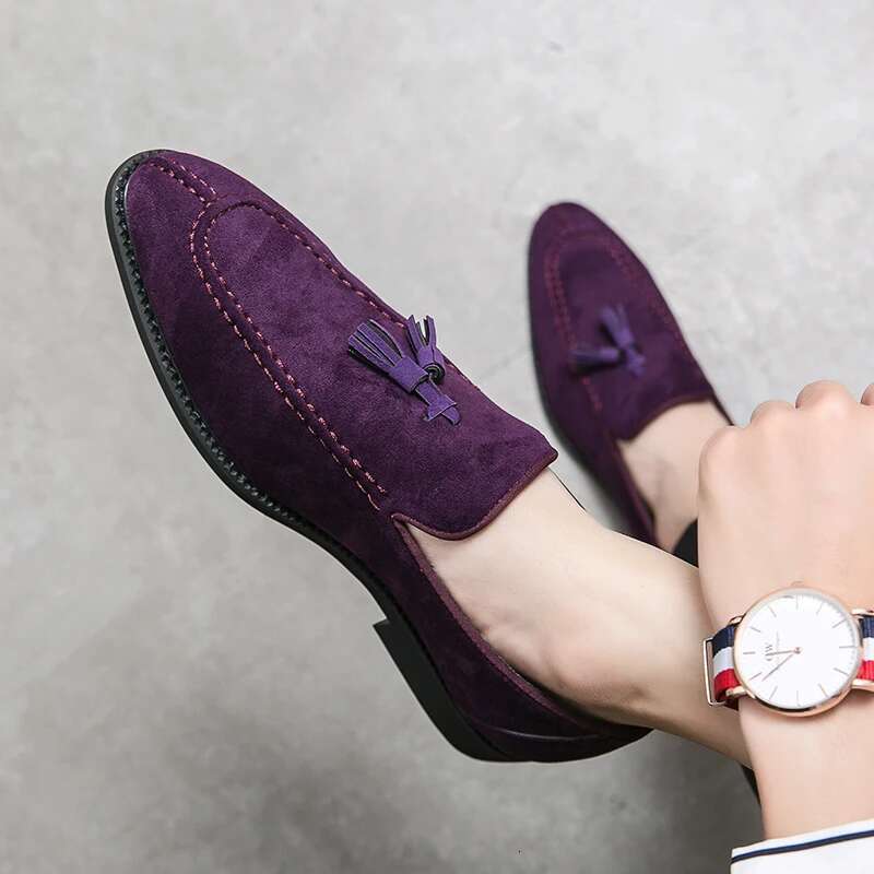 Brand Design Suede Leather Shoes Moccasins Purple Tassel Pointed Men's Loafers Vintage Slip-On Casual Men Social Dress Shoe
