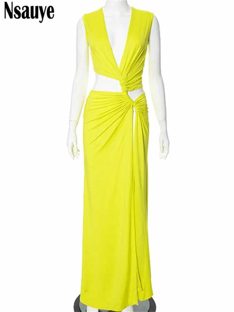 Basic Casual Dresses Nsauye Summer Holiday Beach Maxi Sexy Low cut Womens Club Evening Dress Party Shoulder High cut Elegant Wrap Dress 2024 J250301