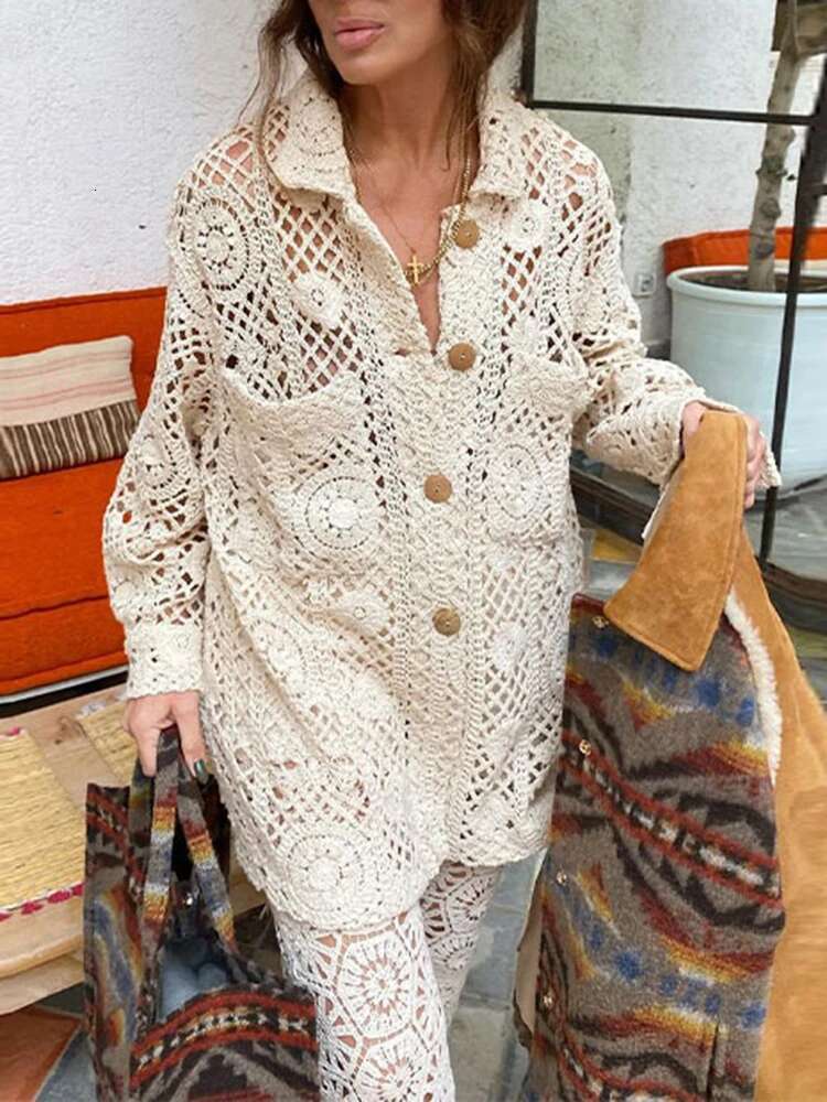 Casual Hollow Out Loose Shirts For Women Lapel Long Sleeve Patchwork Button Minimalist Cjic Blouses Female New