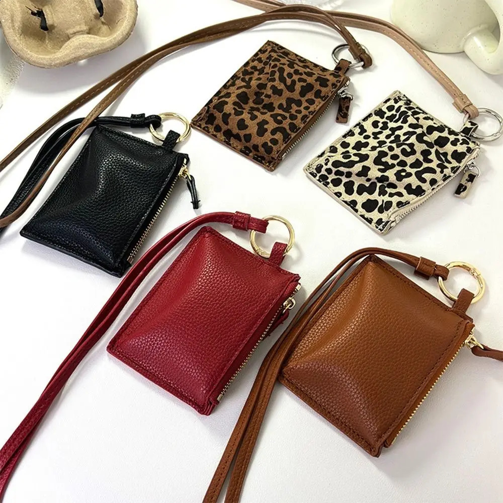 PU leather leopard print coin wallet shoulder bag pendant neck hanging rope wallet Korean solid color mini storage bag 250228