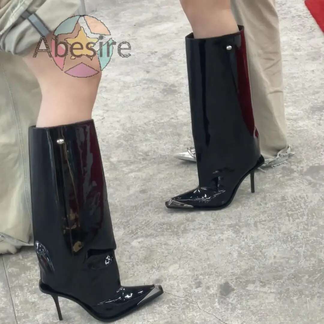 2024 Autumn And Winter New Metal Square Toe Slip On Patent Leather High Stiletto Sexy Knee-High Modern Boots For Women