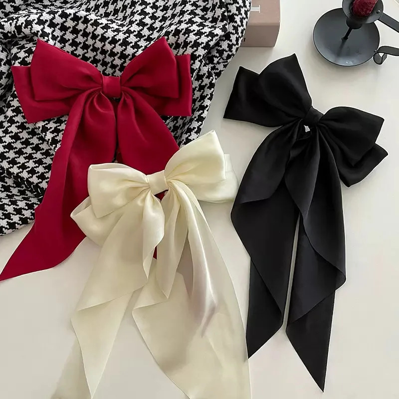 Elegant Solid Large Bow Ribbon Hair Clip For Women Girl Sweet Headbands Soft Satin Hairpin Hairgrip Fashion Accessories 250218