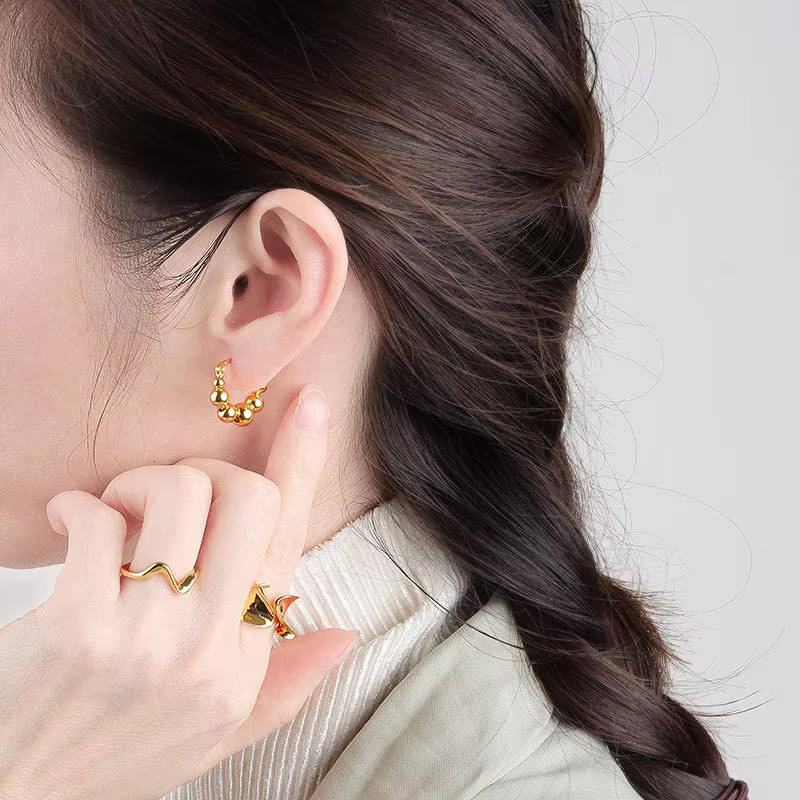 Hot Selg Minimalist Sier Geometric Circular Round Beads Shaped Gold Plated Hoop Earrings for Women Girls