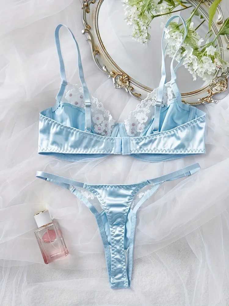 Sexy Blue Lingerie Set Fancy Seamless Underwear Luxury Satin Exotic Sets Delicate Embroidery Matching Outfits Push Up Bra SetXJ250301