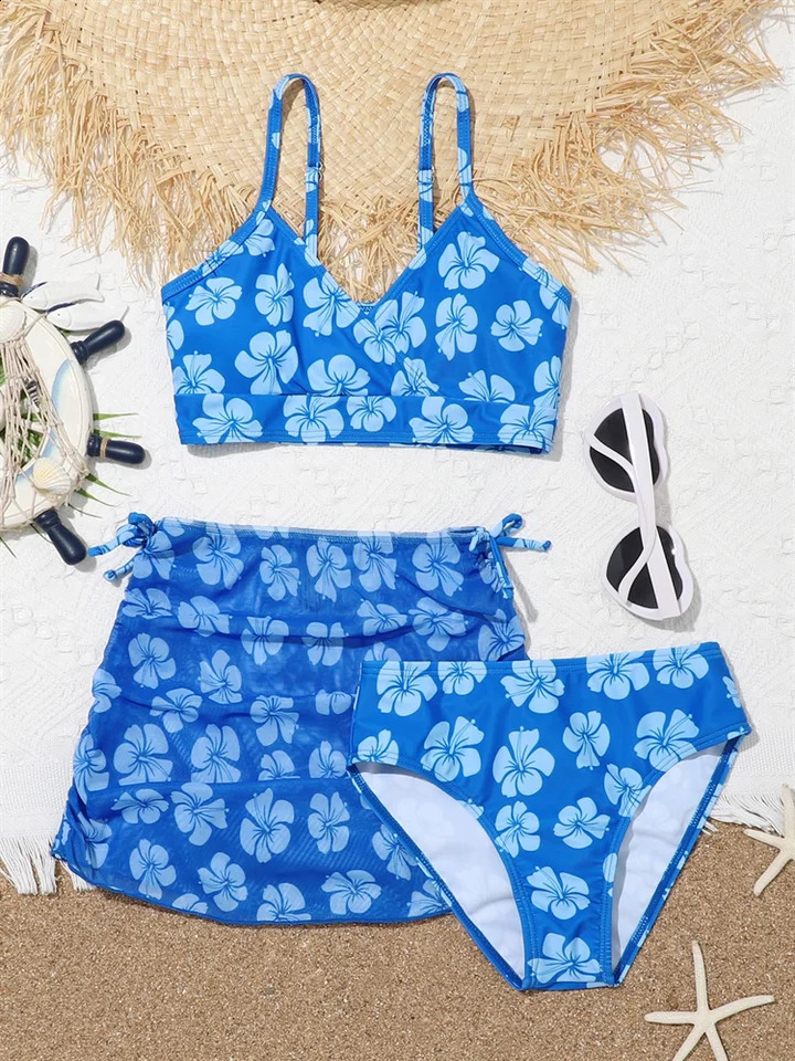 Bikini Kids Girls Swimsuit 2025 Blue Print Sling Set Children Summer Three Piece Beachwear Bathing Suits 250227
