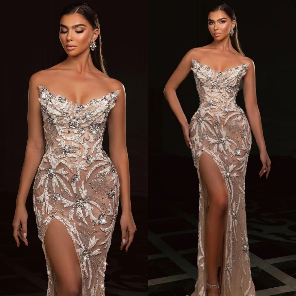 Fashion Wedding Dresses Beading Mermaid Bridal Gowns Strapless Rhinestone Sleeveless Customized Illusion Princess Sweep Train Bride Dress Vestidos De 