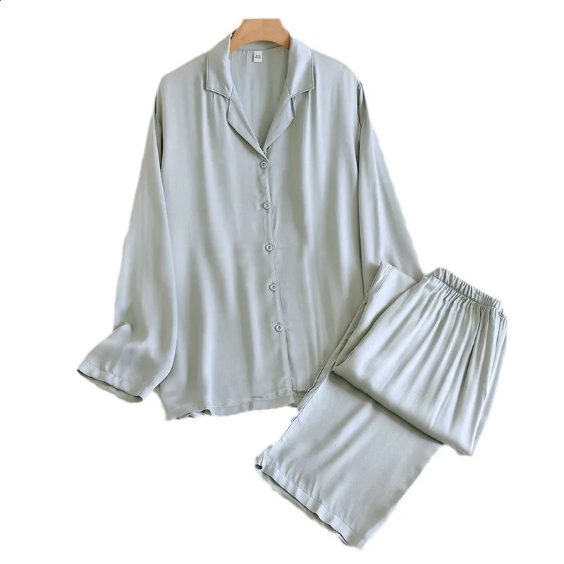 Men and Womens Cotton Silk Pajamas Thin Satin Home Clothing Long Sleeved Pants Spring Pajama Sets Pure Color Couple 2 Pcs 250226bj