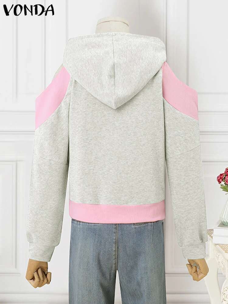 Casual Long Sleeve Pullovers Women Hooded Sweatshirts 2024 VONDA Korean Sweety Off-The-Shoulder Patchwork Jumpers Oversized