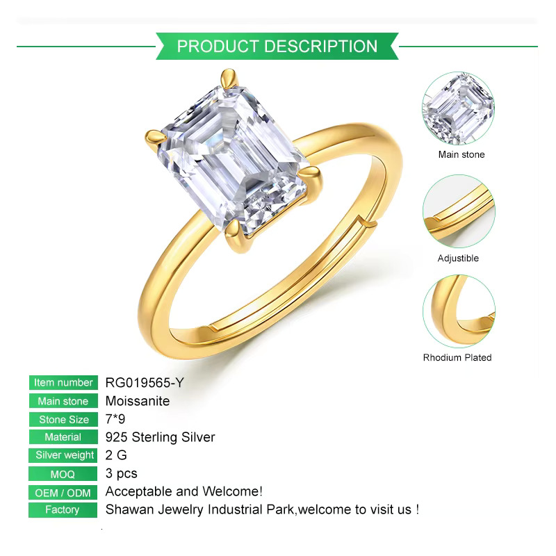 Wholesale Jewelry S925 Silver Moissanite Diamond Ring 2CT Emerald Cut Gold Plated Moissanite Engagement Ring