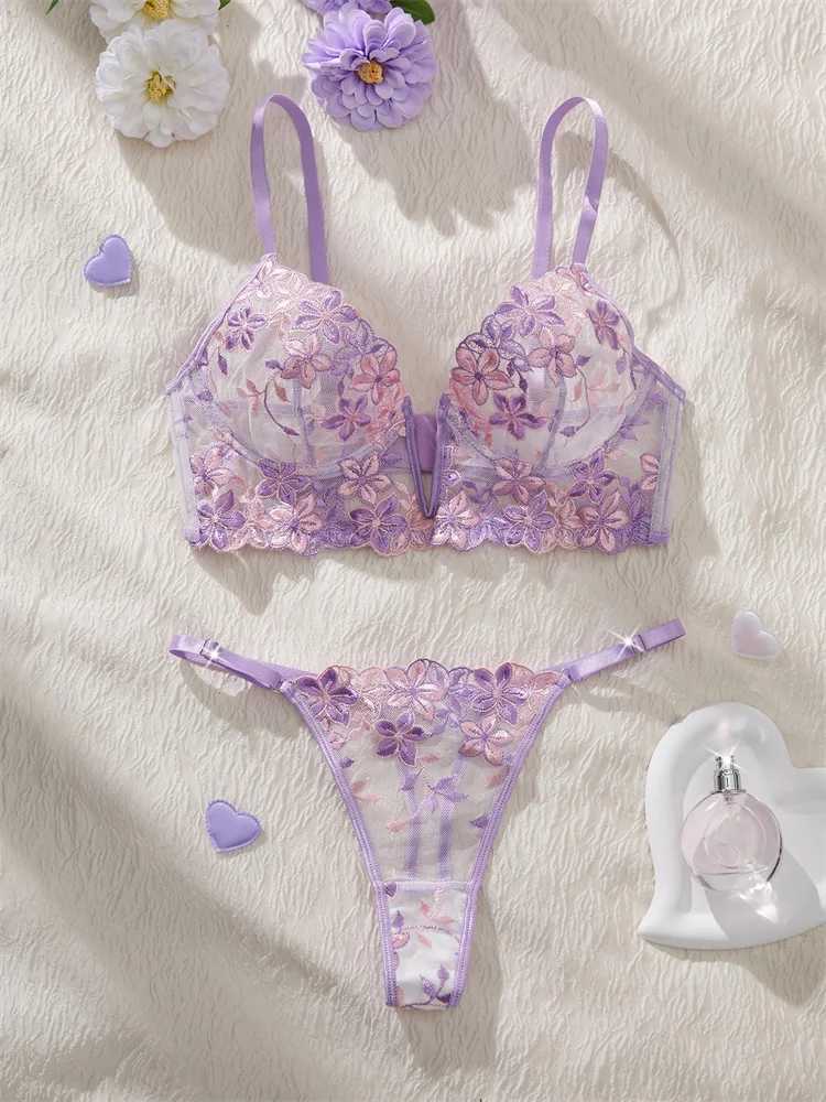 Womens Lingerie Ultra Sexy Romantic Purple Lingerie Set Deep V Push Up Bra Mesh Underwear Bi-color Embroidery Fancy UnderwearXJ250301