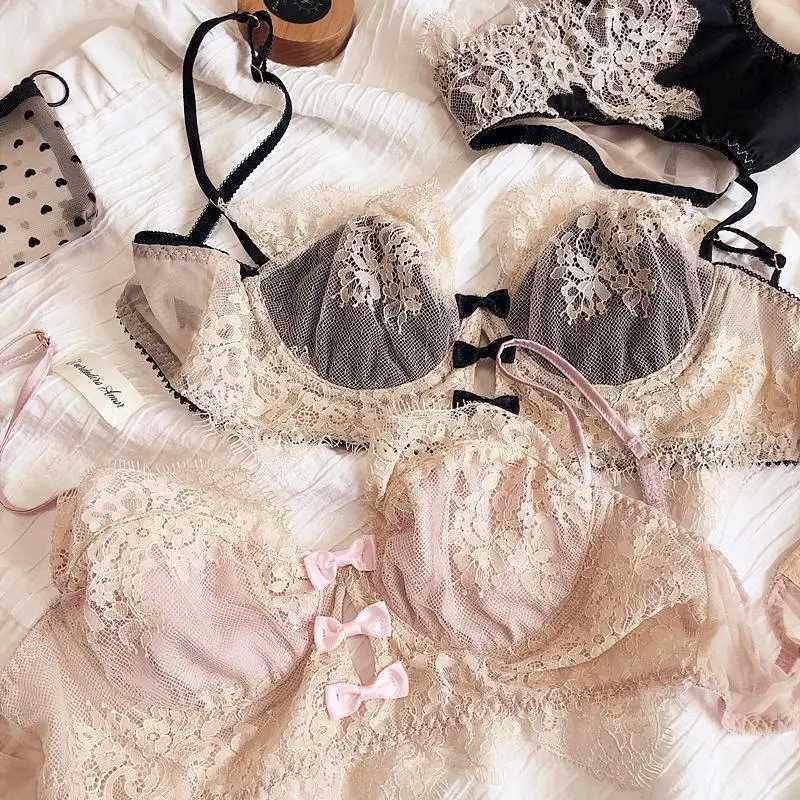 French sexy eyelash lace lingerie set with large chest and small push up anti sagging braXJ250301