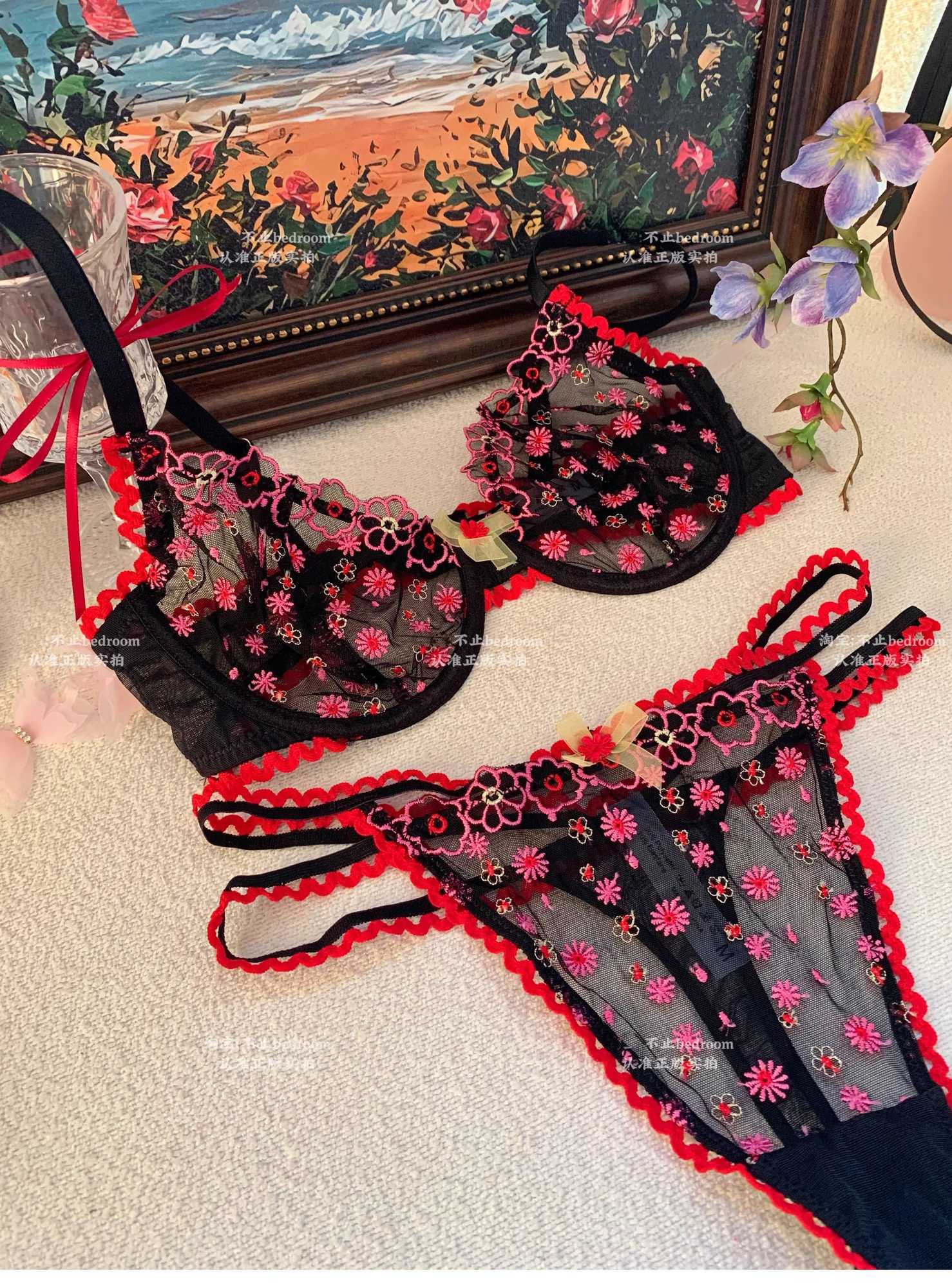 Romantic Floral Underwear Women Large Size Embroidery Lace Sexy Bras Pure Desire Bra Lingerie Set for WomenXJ250301