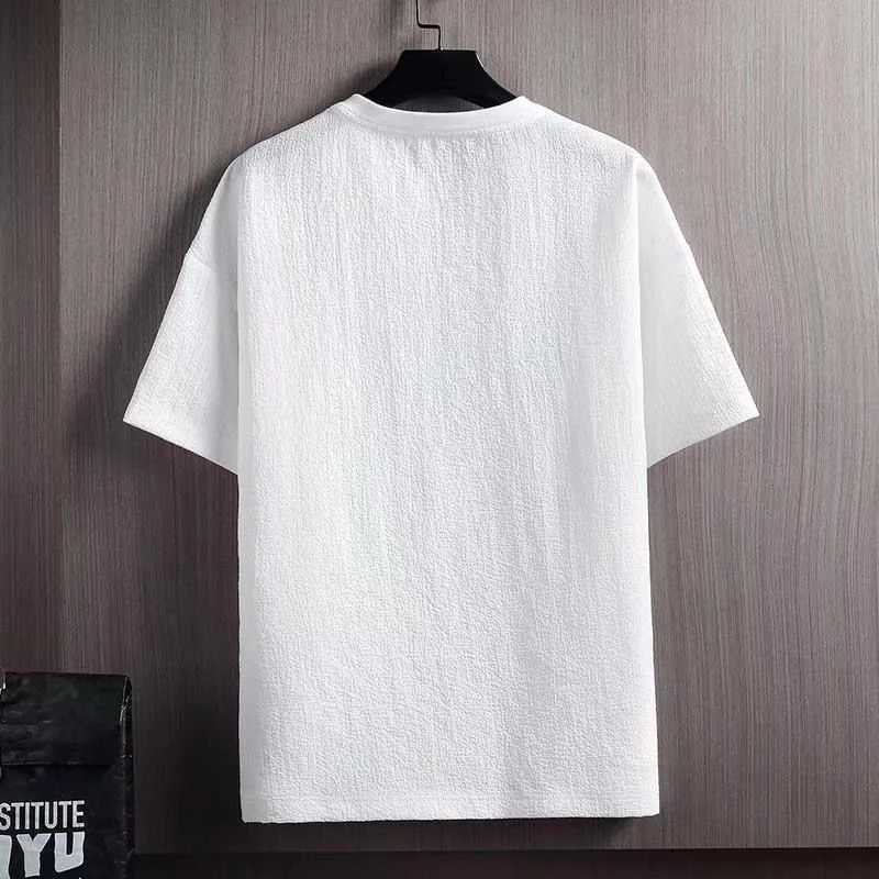 Mens Summer Linen Cotton Short Sleeve T-shirt Solid Loose White Five Point Bottomed Shirt Men Round Neck Tee TopsT250307