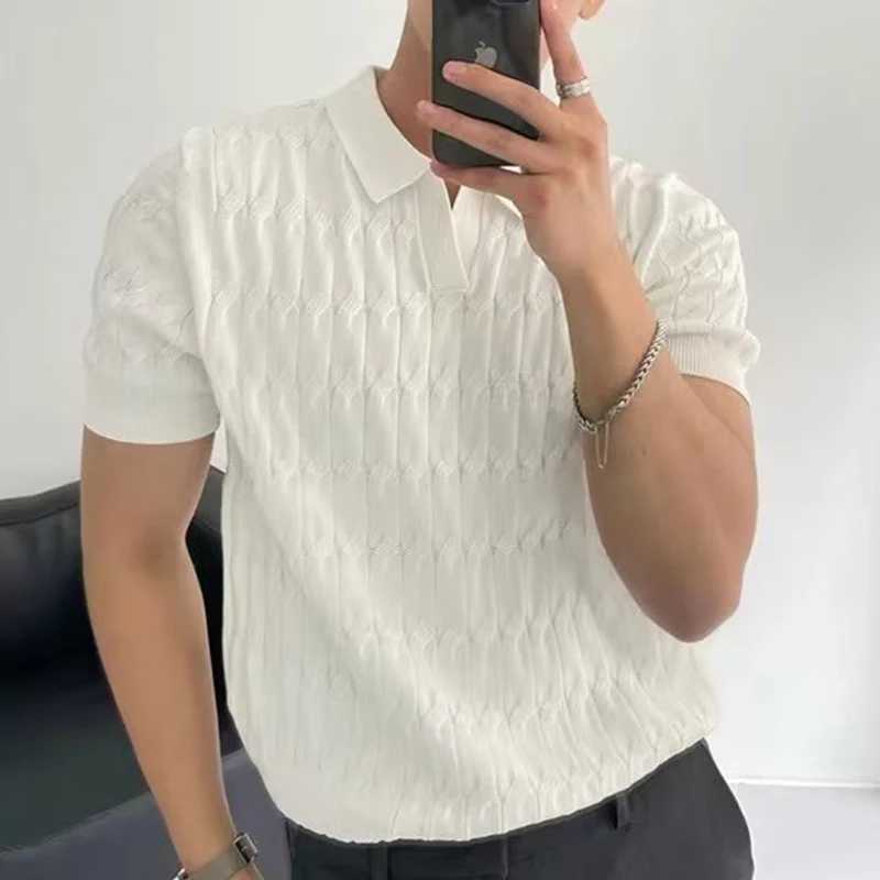 Summer Clothing Mens Luxury Knitted Jacquard Polo Shirt Casual Breathable Leisure V Neck Short Sleeve Knitwear 2024 NewT250228