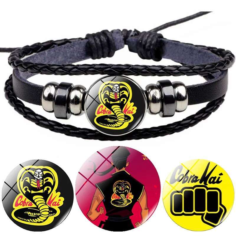 Animation Cobra Kai Leather Karate Movie Glass Snap Buckle Jewelry Multilayer Retro Handwoven Bracelet Men Cosplay Gift