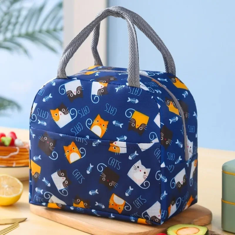 Insulated Lunch Bag with Flower Cat Pattern Waterproof Lunch Box Bag for School and Office Keep Your Food Fresh and Delicious 250228