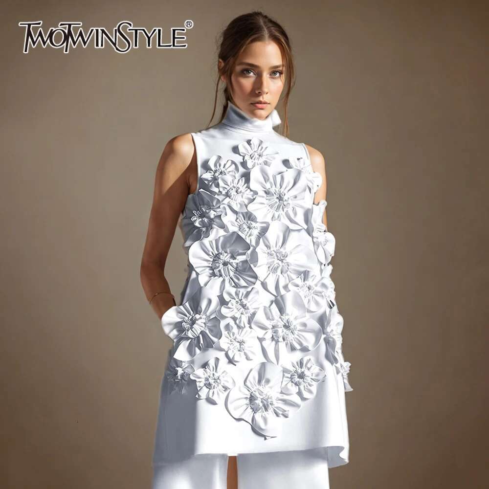 TWOTWINSTYLE Soild Slimming Dresses For Women Stand Collar Sleeveless Patchwork Appliques Designerdress Female Fashion Clothes