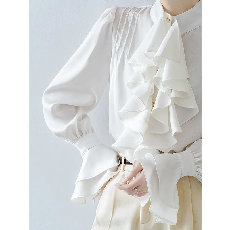 Solid Color Ruffles Long Sleeve Shirts Women Spring Vintage Elegant Patchwork Stand Collar Flare Sleeve Pleated Sweet Blouse 250225