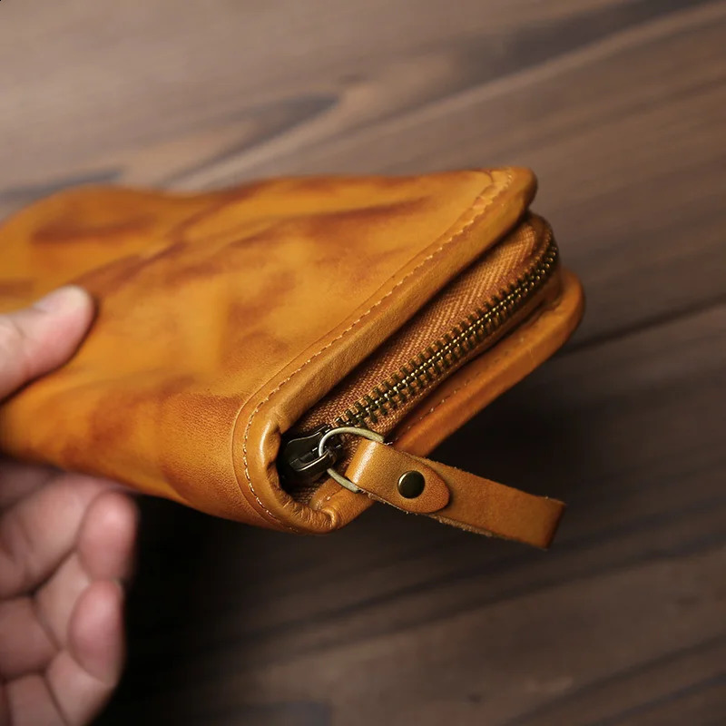 Genuine Leather Long Zipper Wallet Mens Vegetable Tanned Leather Vintage Multi-card Simple Clutch 250228