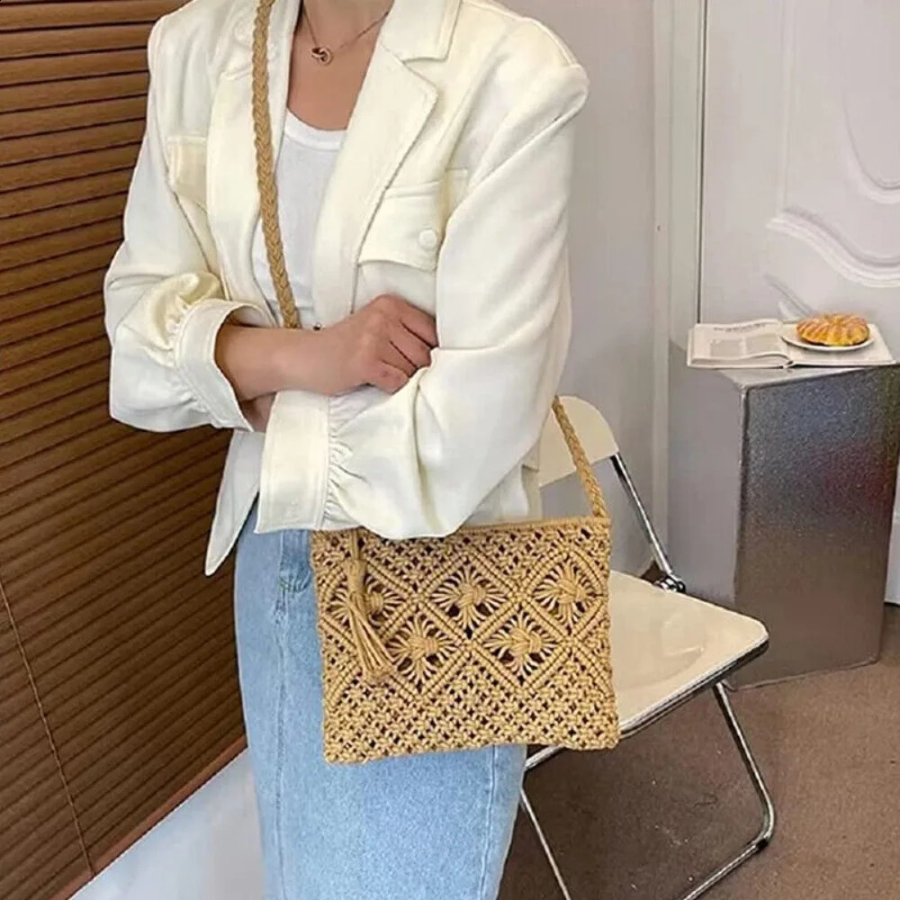 Retro Crochet Purses Woven Tassel Clutch Bag Bohemian Tassel Straw Beach Bag Crossbody Handbag Simple Beach Bags 250305