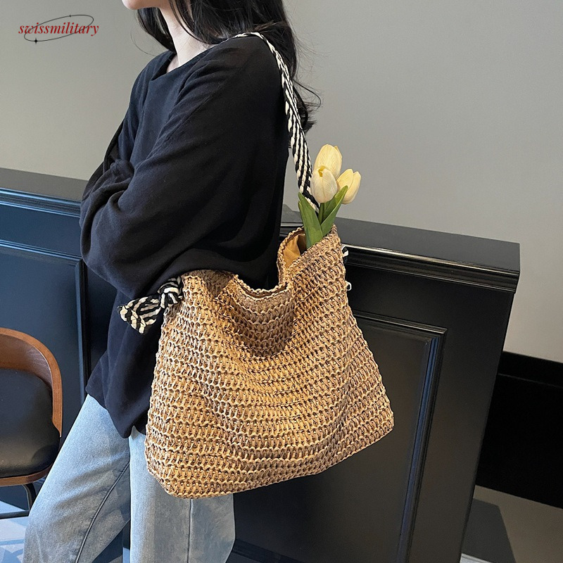 Large capacity woven women's beach vacation shoulder bag, 2025 new summer fashionable commuting tote bag #swissmilitary