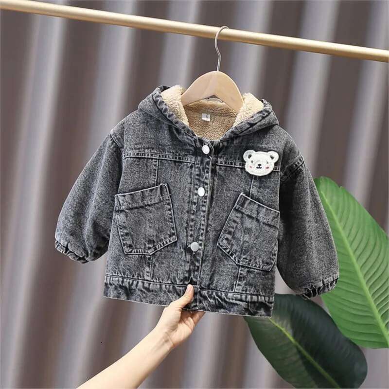 Ddmyshoesvip Korean Autumn Winter Girl Denim Jacket Cartoon Bear Hooded Plus Veet Boy Outerwear Coat Year Kids Parka Outfit