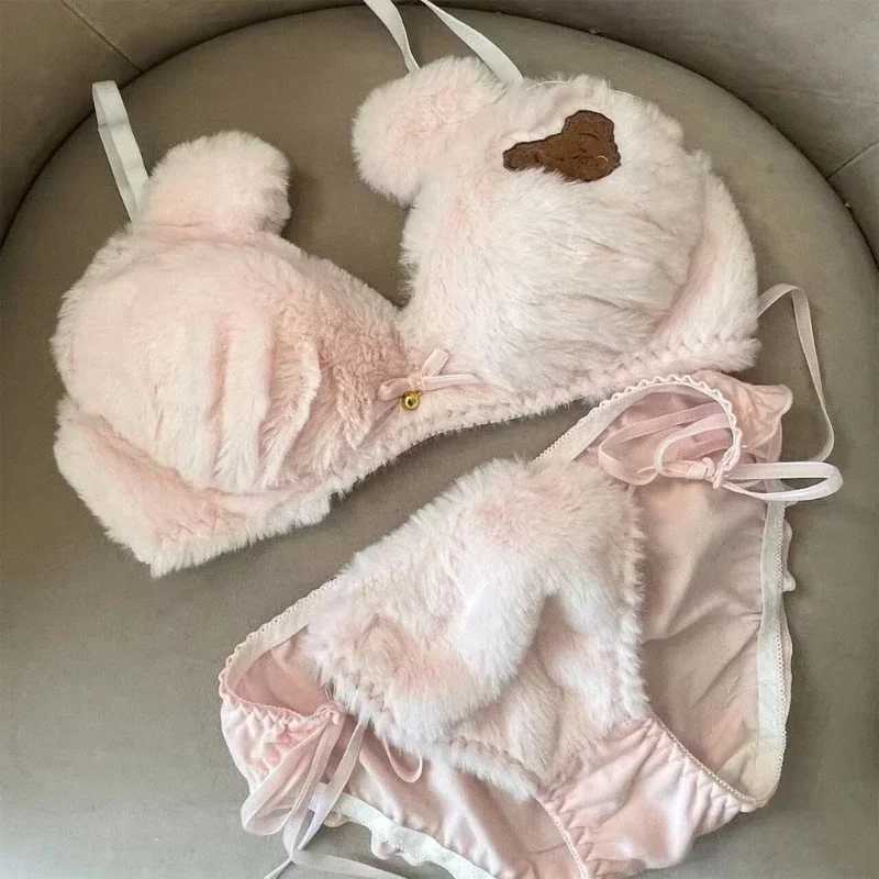 2Pcs Womens Lolita Kawaii Bra Panty Set Cute Bear Embroidery Fluffy Faux Fur Underwire Underwear Plush Ball Bow Japanese Anime LXJ250301