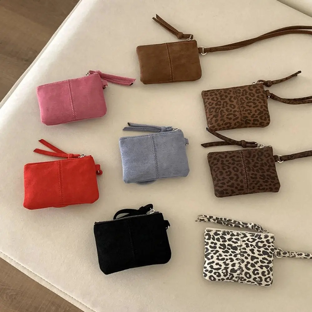 Leopard Print Suede Coin Purse Portable Lipstick Key Bag Women Shoulder Bag Mini Storage Bag Small Wallet Travel Neck Bag 250228