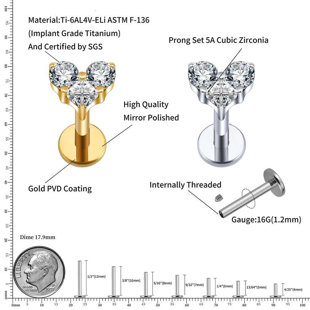 Right Grand ASTM F136 Titanium 16G CZ Heart Cartilage Conch Tragus Helix Stud Earring with Flat Back Medusa Monroe Piercing