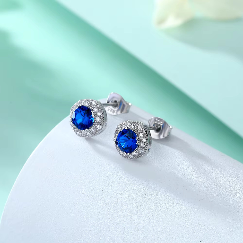 Synthetic Sapphire Non Tarnish Jewelry Halo Studs Earrings Sier
