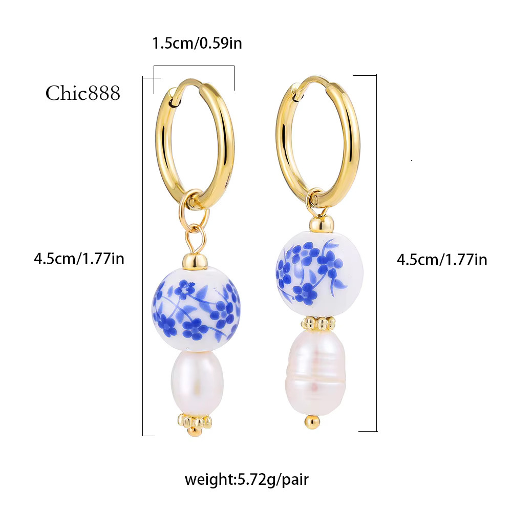 Women's Vintage 3D Hand Painted Blue and White Ceramic Bead Pendant Earrings Stainless Steel Ring Ear Hoops