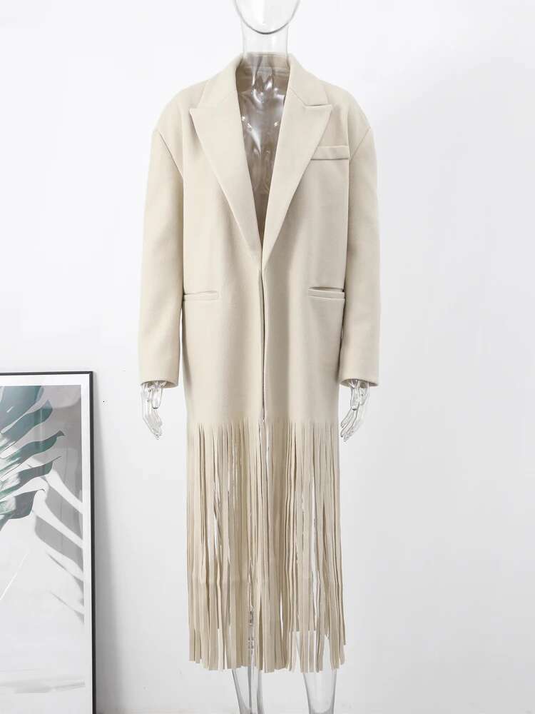 Tassel Apricot Women's Coat Elegant Autumn Long Sleeve Lapel Female Coats 2024 Winter Fashion Streetwear Pocket Lady Overcoats