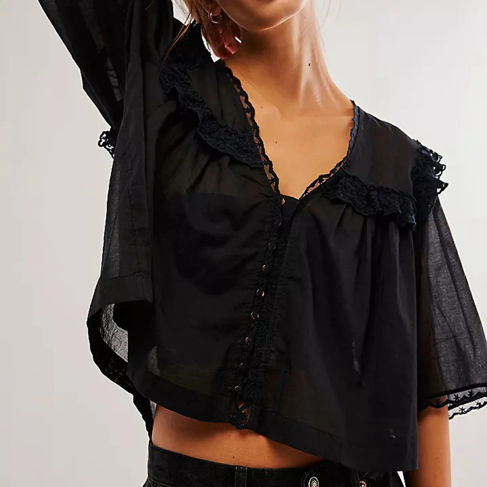 Women Sweet Ruffles Sheer Shirts Fashion Ladies Loose Lace Button Blouses for Female Chic Elegant See Through Tops Clothes 250225