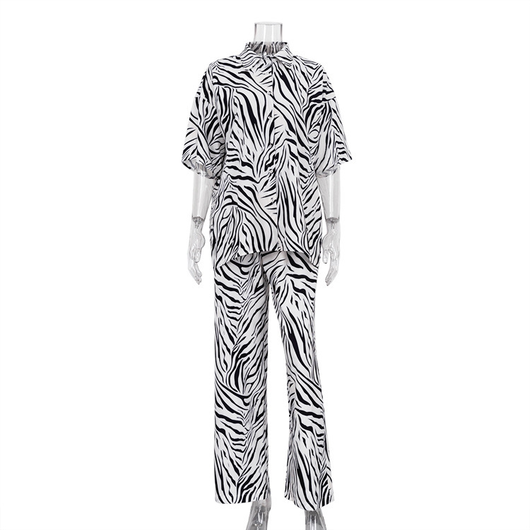 Fashion Satin Zebra Stripe Women's New3 Summer Short Sleeve Shirt High Waist Pants Two Piece Set