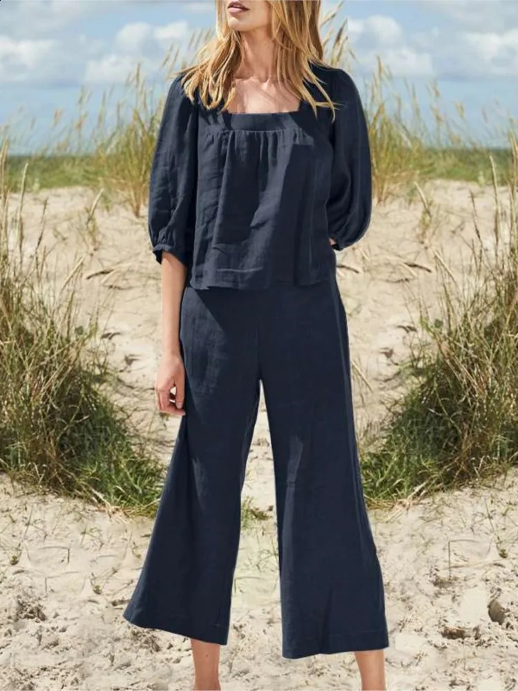 Vintage Cotton And Linen Pant Sets Clothes For Women Solid Color Square Collar Tops Waist Wide Legs Pants Two Piece Set Ladies 250225