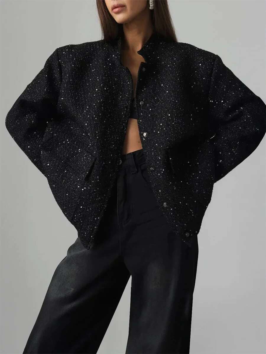 Loose Tweed Sequin Jacket Women Fashion Coat Trend Versatile Warm Chic Elegant Female Coats Stylish Woman Clothes