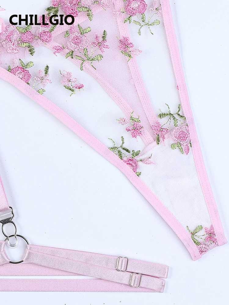 CHILLGIO Women Floral Embroidery Bra Brief Suits Mesh Lingerie Sexy Push Up Intimate 3 Pieces Lace-Up Sweet Cute Underwear SetsXJ250301