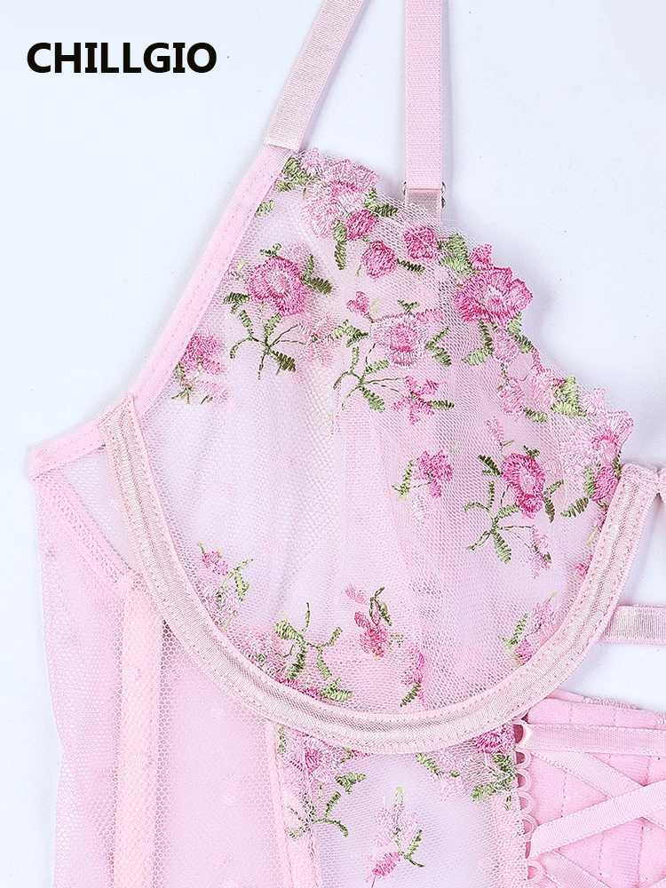 CHILLGIO Women Floral Embroidery Bra Brief Suits Mesh Lingerie Sexy Push Up Intimate 3 Pieces Lace-Up Sweet Cute Underwear SetsXJ250301