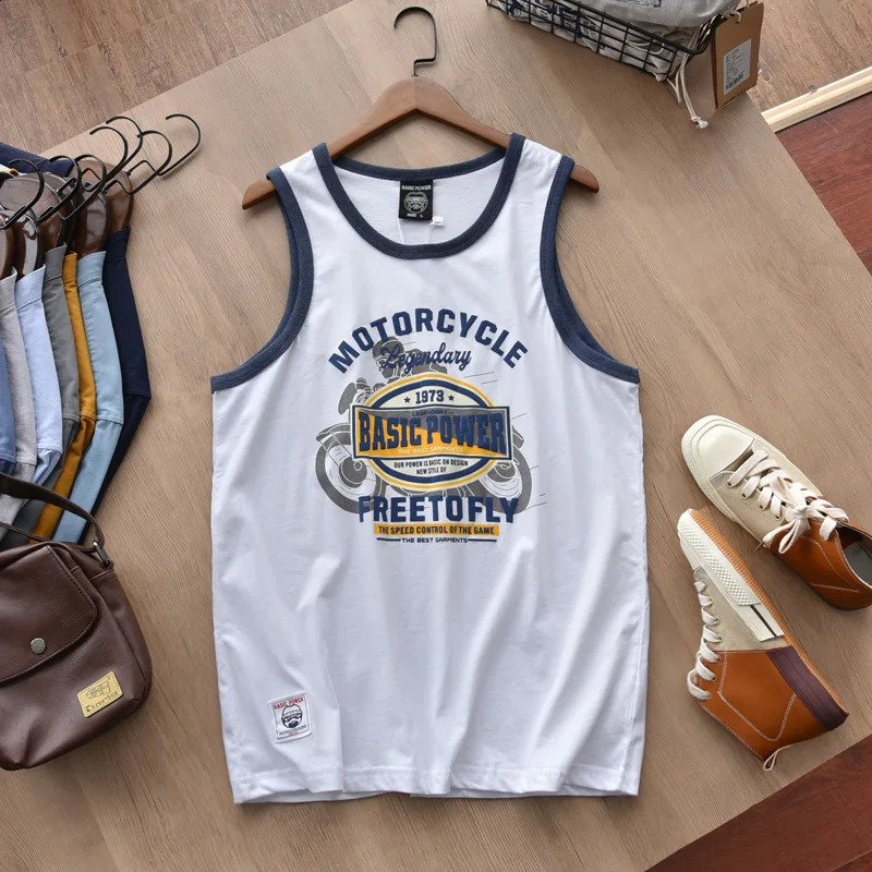 American Letter Print 100% Cotton Sleeveless Vest for Men Vintage Summer Casual Loose Versatile Camisole T-shirt Tees Tank Tops 250225