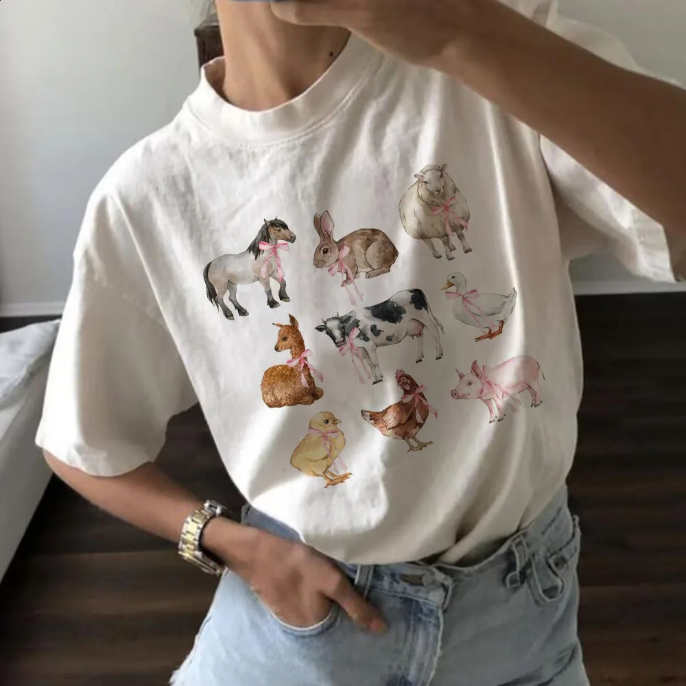 Farm Animals Printed Top Cartoon Print Summer Fashionable Womens T-Shirt Pattern Print O-Neck Fun Casual Trend Street T-Shirt 250225