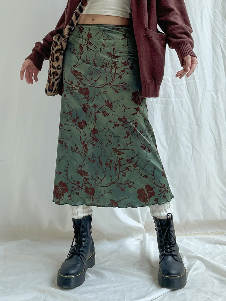 SUCHCUTE y2k Vintage Floral Printing Midi Skirts Women Harajuku Fairycore Green Straight Maxi Skirt Aesthetic Sweet Clothes 250224