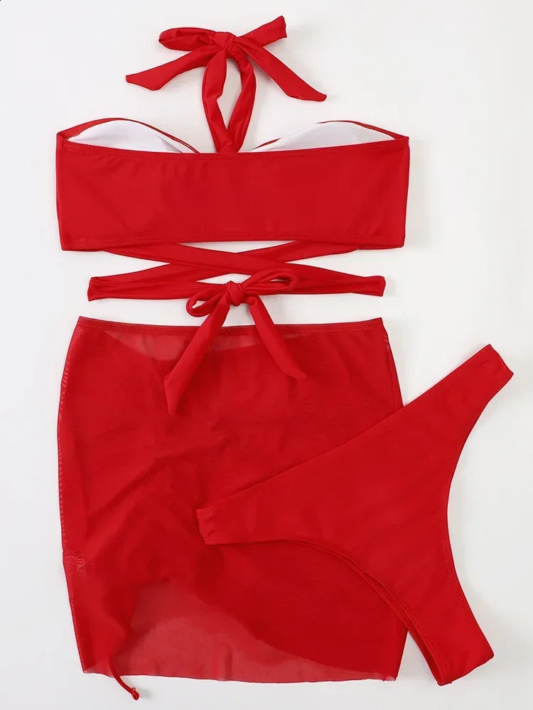 3 PCS Mesh Skirt Halter Wrap Around Bikini Female Swimsuit Women Swimwear Threepieces Set Bathing Suit Swim Beachwear 250227